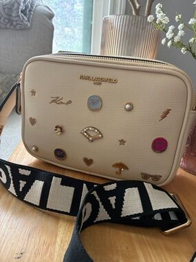 Karl Lagerfeld Cream Crossbody with Black-and-Cream Branded Strap